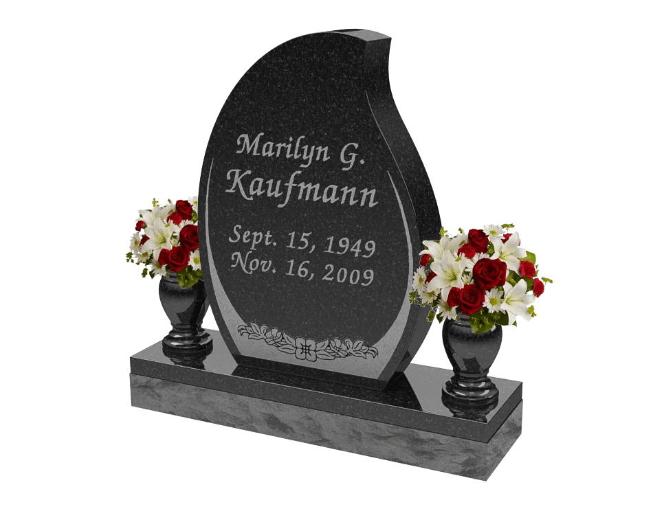 Teardrop-shaped monument with a floral border and two vases