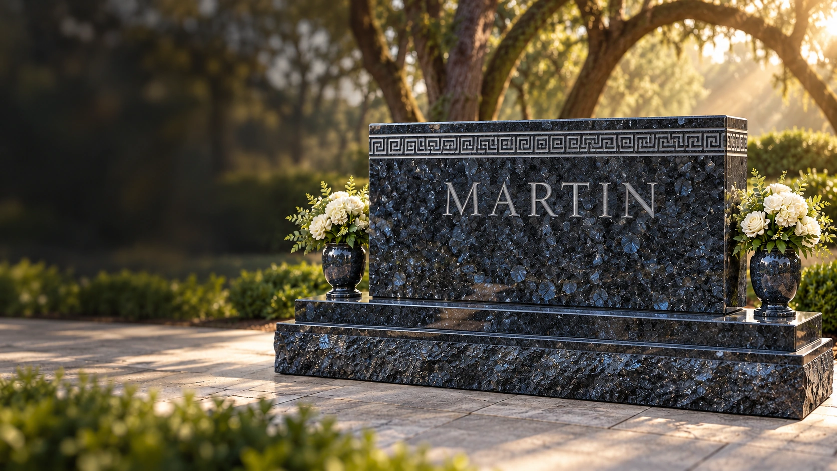 MARTIN Blue Pearl granite concept with a flat top, Greek key band, polished subbase, polished-margin base, and matching vases