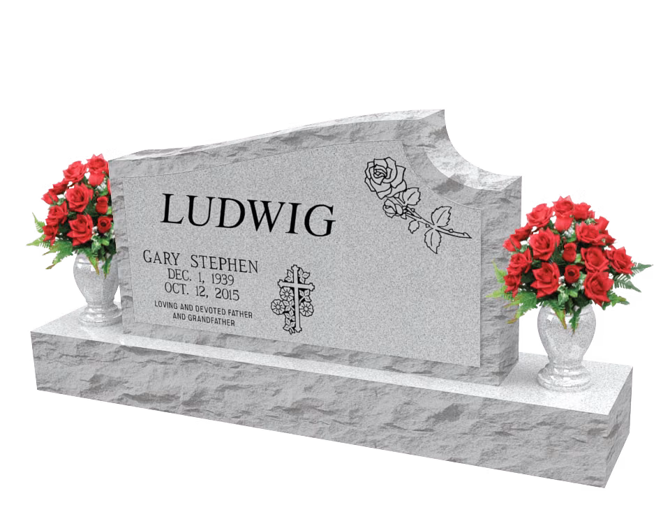Asymmetric upright with rose and cross — memorial design