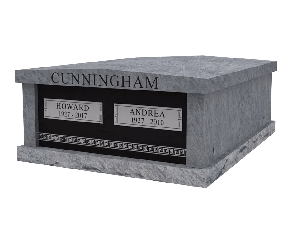 Walk-up mausoleum with Greek key border — memorial design