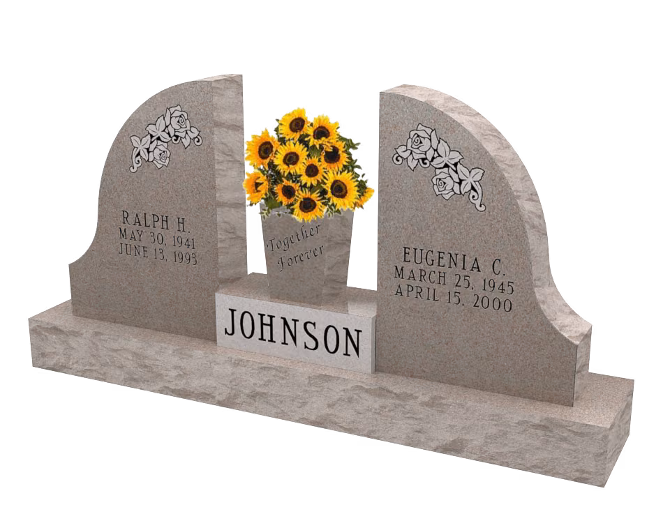 Curved companion wings with roses — memorial design